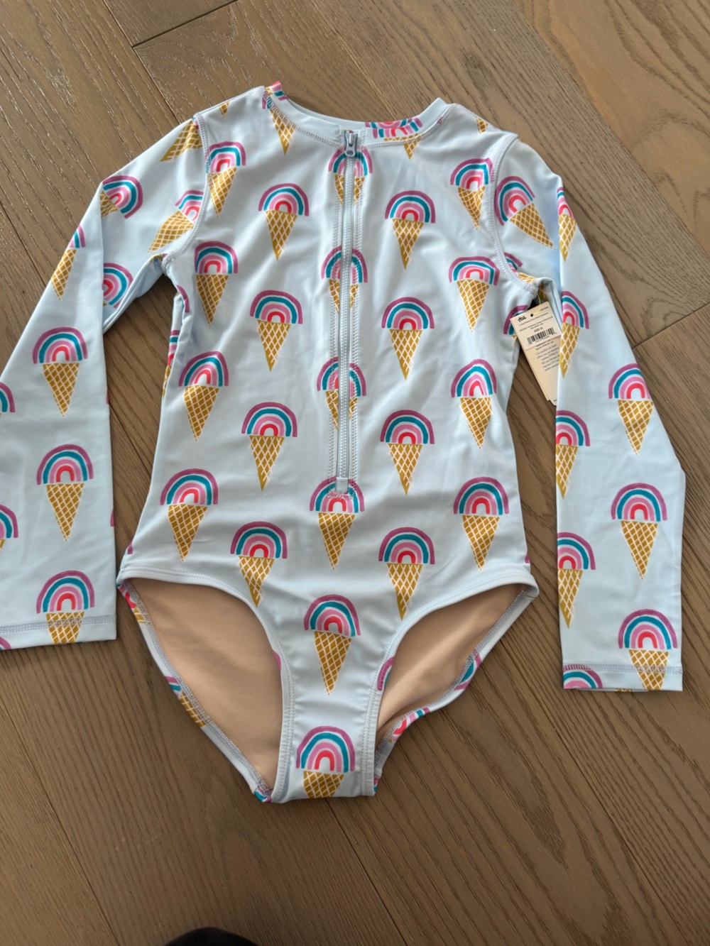 Girls' Light Blue Long-Sleeve One-Piece Swimsuit Rainbow Ice Cream Print Size 12
